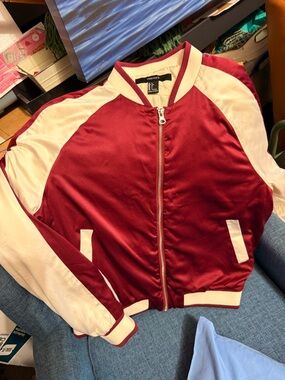 Forever 21 Burgundy and Cream Satin Bomber Jacket - Sporty Chic